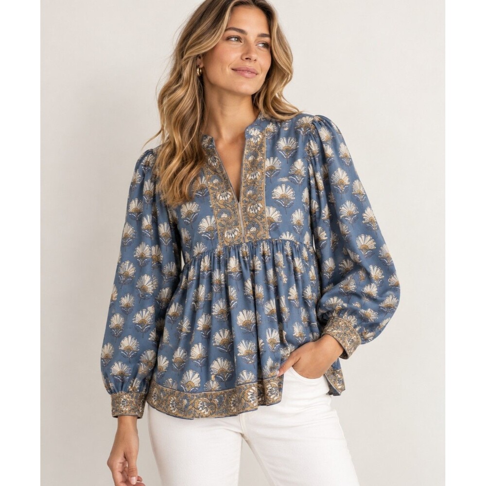 Victoria Dunn Nora Blouse Size M French Roast Blue Floral Block Print Cotton
